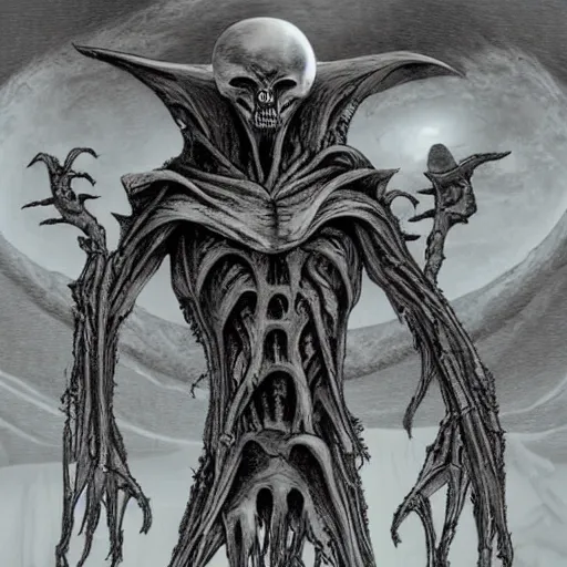 Prompt: vecna, alien landscape behind him, in the style of h. r. giger, ominous, gloomy