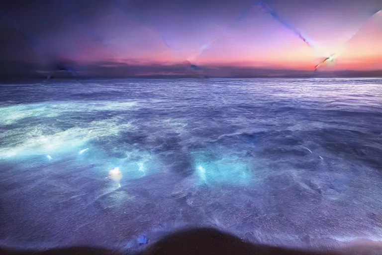 Image similar to bioluminescent waves, beach, night, landscape, relax atmosphere, magic atmosphere, photo realistic