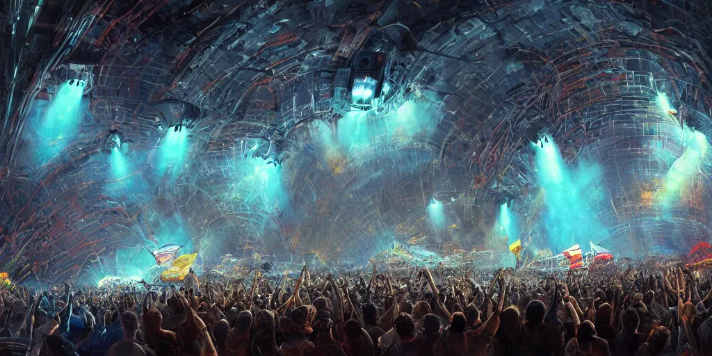 Prompt: a vibrant metal concert on the edge of space, crowd cheering, in a massive cavernous iron city, neon light, mandelbulb architecture, flags, colossal arcing metal structures high in the cavernous metal interior, sci - fi, beautiful, awe inspiring, by james gurney, greg rutkowski, sparth, cinematography, unreal engine 5, cinematic masterpiece