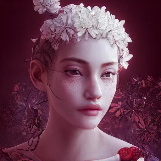 Prompt: the face of an absurdly beautiful, graceful, elegant, sophisticated, fashionable young gravure idol made of strawberries and white petals, an ultrafine hyperdetailed illustration by kim jung gi, irakli nadar, intricate linework, bright colors, octopath traveler, final fantasy, unreal engine 5 highly rendered, global illumination, radiant light, detailed and intricate environment