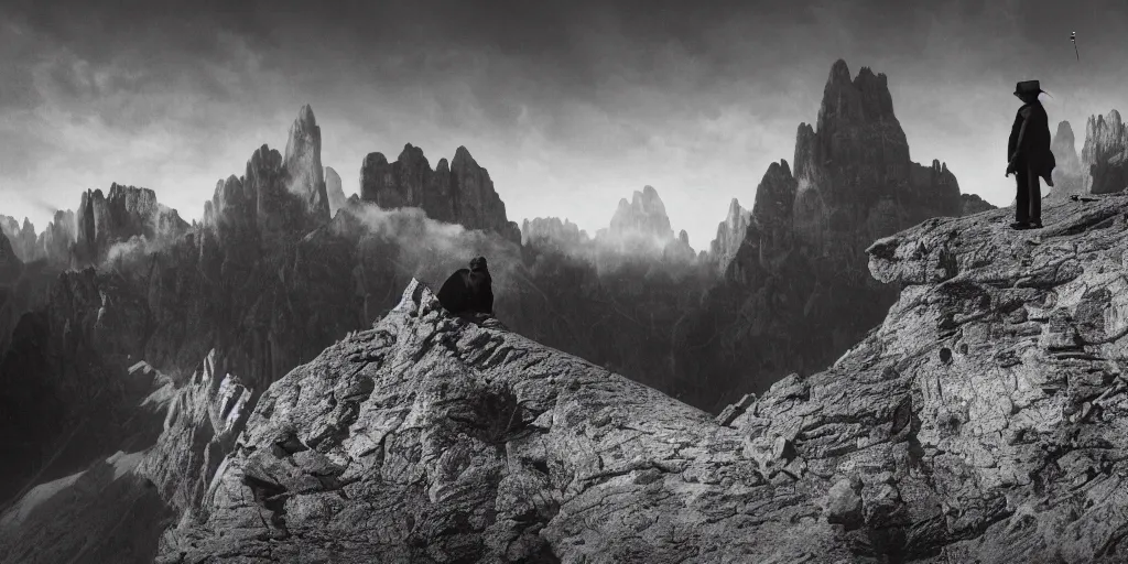 Image similar to 1920s photography of lonely wanderer, dolomites in the background, occult signs, fire, alp, dolomites, alpine, detailed intricate insanely detailed octane render, 8k artistic 1920s photography, photorealistic, black and white, chiaroscuro, hd, by David Cronenberg, Raphael, Caravaggio