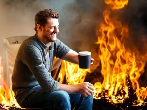 Image similar to a happy man sitting at a table and taking a sip of coffee while his house burns around him