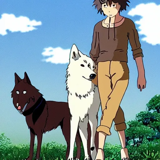 Prompt: human accompanied by a wolf, by Studio Ghibli, cinematic.