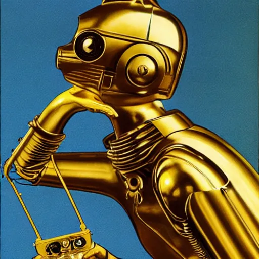 Prompt: a reclining half human c3po by Gil Elvgren, holding a smoking ray-gun, head, body, legs