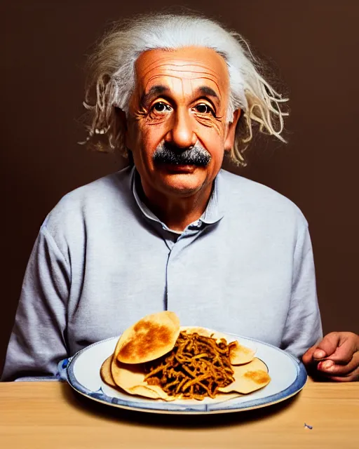 Image similar to a portrait of albert einstein sitting at the dining table with a plate containing chole bhature in front of him, highly detailed, trending on artstation, bokeh, 9 0 mm, f / 1. 4