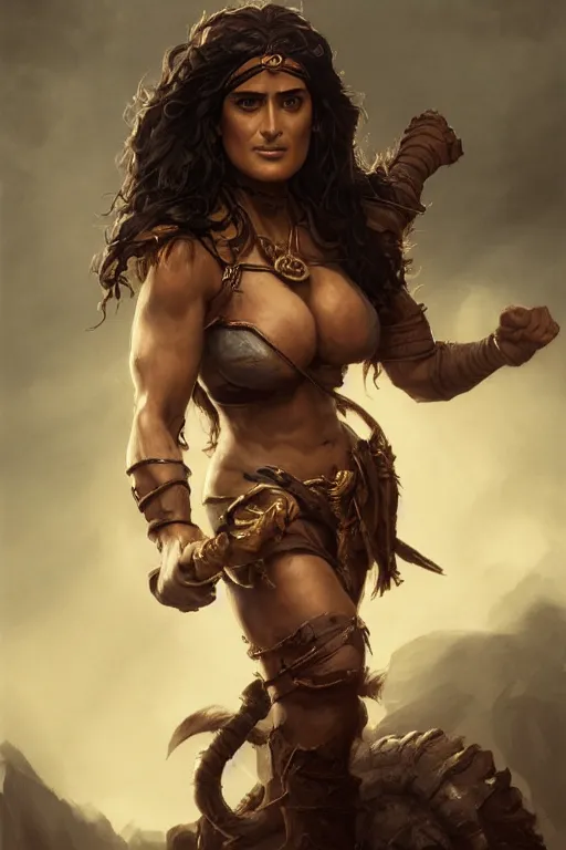 Image similar to portrait, Salma Hayek , barbarian , face portrait, raphael lacoste, eddie mendoza, alex ross, concept art, matte painting, highly detailed, rule of thirds, dynamic lighting, cinematic, detailed, denoised, centerd