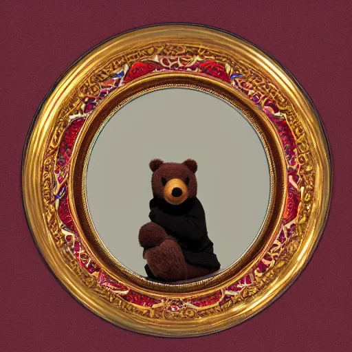 Image similar to a photo in a circular ornate golden frame, of a brown and red college mascot bear wearing blue jeans sitting on the bleachers inside the gym,