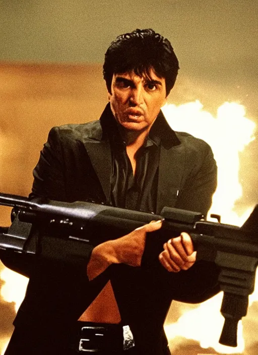Prompt: film still of kim kardashian as Tony Montana firing a rifle in Scarface, cinematic lighting, finale scene