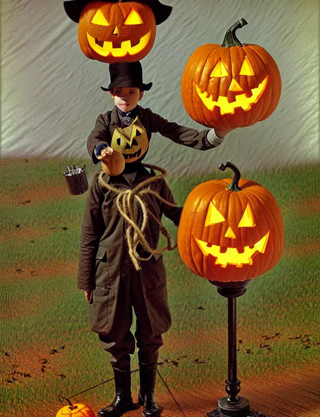 Image similar to a scarecrow with a jack - o - lantern head, holding a lantern, as a matte oil painting and d & d character art, by gustave caillebotte, standing, fullbody, flying bats, loose pages, concept art, award - winning, extremely detailed, sharp focus