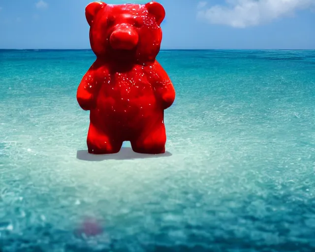 Prompt: a giant sculpture of a giant gummy bear on the ocean water, side shot, award winning, hyper - realistic, very detailed, realistic water, water splashes, ray tracing, 8 k resolution, long - shot, sharp focus, low angle, 8 5 mm photograph, wide lens