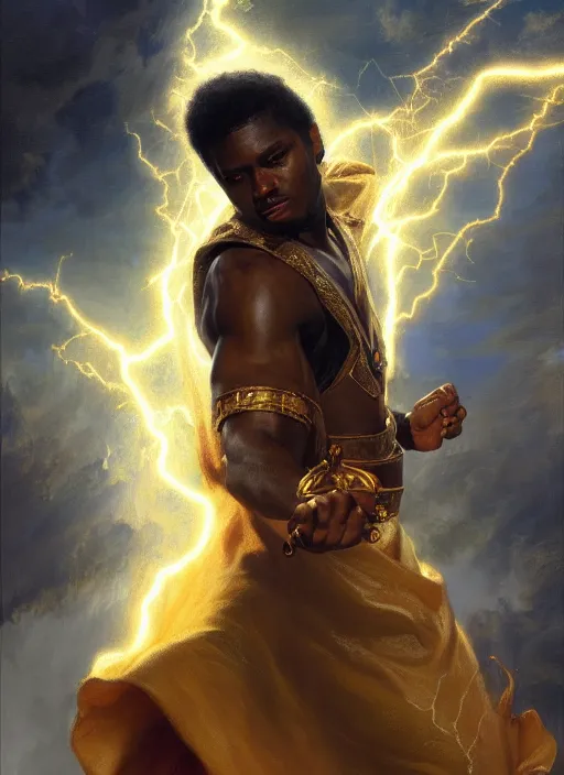 Prompt: young black man, god of lightning, flowing robes, powerful, smug expression, highly detailed painting by gaston bussiere, craig mullins, j. c. leyendecker 8 k, sparkling storm clouds