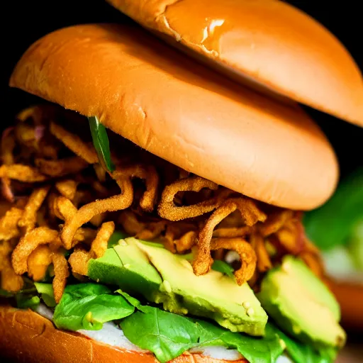 Prompt: juicy vegan hamburger topped with avocado onion and a vegan fried egg, crispy buns, 8 k resolution, food photography, studio lighting, sharp focus, hyper - detailed