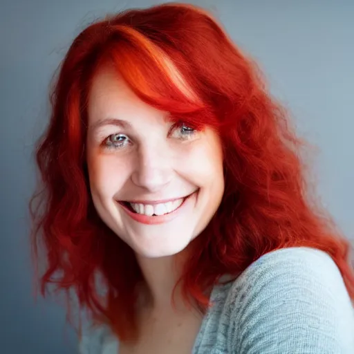 Image similar to a smiling woman with red hair, green eyes, dimples, and rosy cheeks