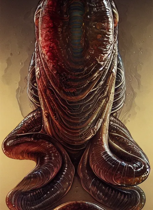 Image similar to elon musk as slimy mollusk character, drool, full length portrait, intricate, elegant, highly detailed, digital painting, artstation, concept art, wallpaper, smooth, sharp focus, illustration, art by h. r. giger and artgerm and greg rutkowski and alphonse mucha