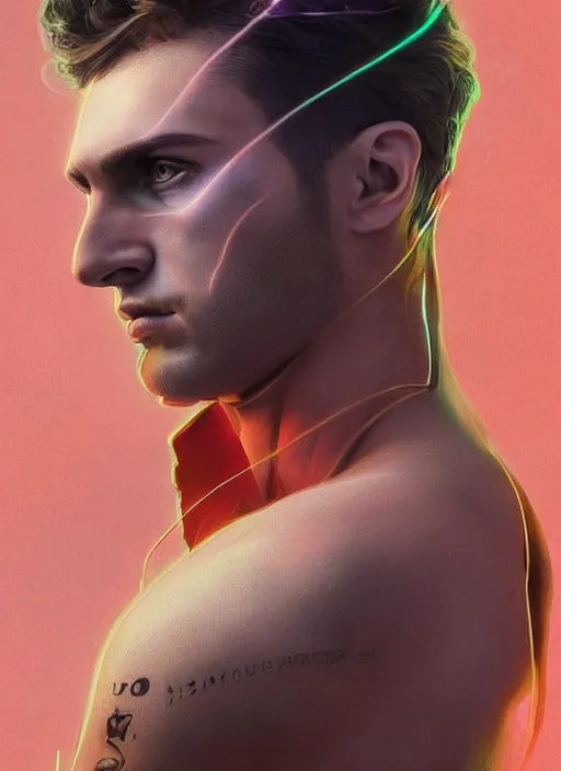 Image similar to a highly detailed long shot photo of masculin male face portrait, futurism, rococo cyber neon lighting, detailed futuristic fibonacci jewelry, profile posing, hyper photorealistic, crispy quality, digital photography, trending in pinterest, cinematic, 4 k ultra hd, art by pascal blanche, art by greg rutkowski, art by artgerm,