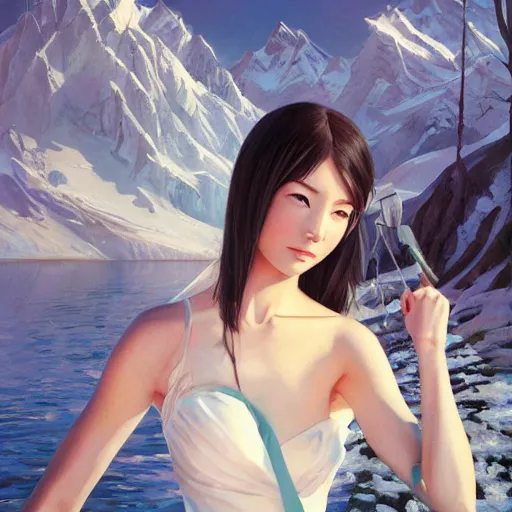 Prompt: oil painting by ilya kuvshinov,, baugh casey, artgerm craig mullins, sakimi, coby whitmore, of a youthful japanese girl, long hair, female warrior in the alps, highly detailed, otherworldly face, disney palace in background studio photography, noon, intense bounced light, water reflection, large tree casting shadow, by zack snyder