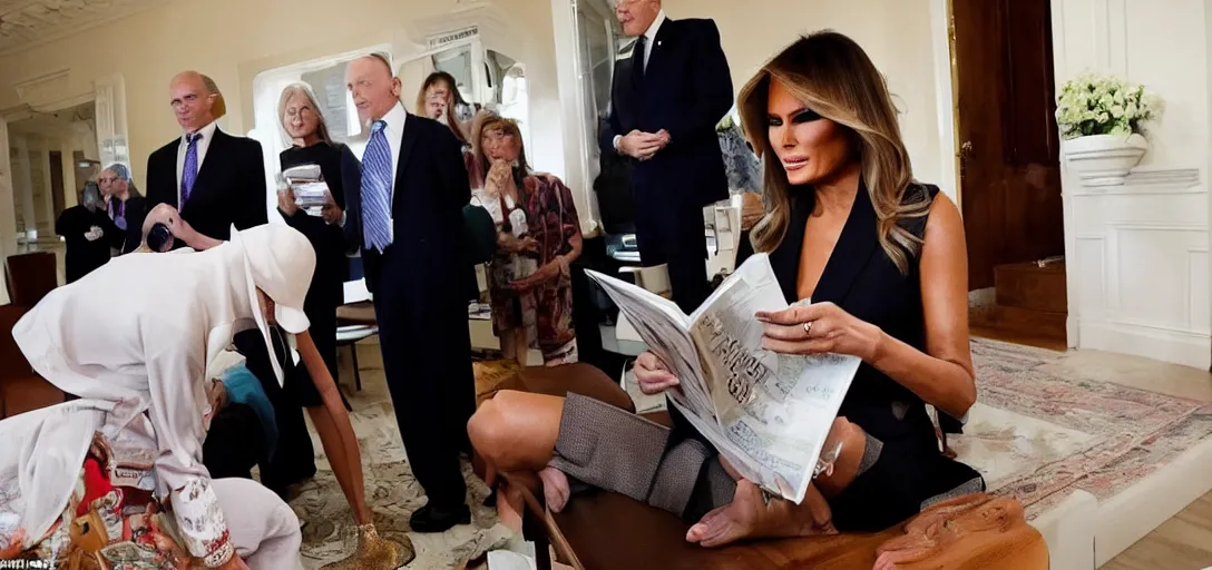 Prompt: melania trump nonchalant reading a magazine while people search her house, photograph,