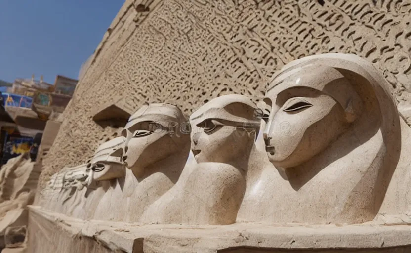 Prompt: marble sculpture of masked dune dynasty on the art deco streets of the undying empire city of ya - sattra during the festival of masks inside a museum hd 4 k photorealistic atmospheric light