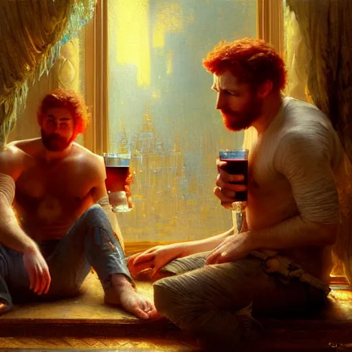 Image similar to attractive mike with ginger hair with attractive tyler with brunet hair, drinking their hearts out, in their noble mansion. highly defined painting, highly detailed painting by gaston bussiere, craig mullins 8 k