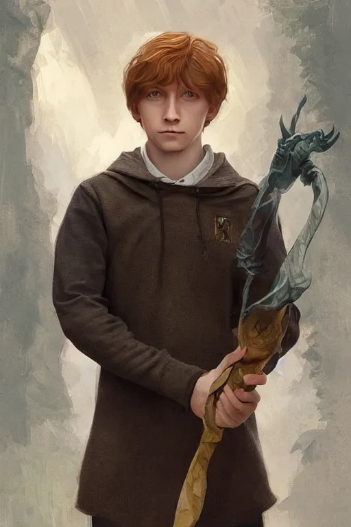 Image similar to beautiful cottagecore young ron weasley holding a magicwand. intricate, elegant. highly detailed, digital painting, artstation, concept art, smooth, sharp, focus, illustration. . art by artgerm and greg rutkowski and alphonse mucha