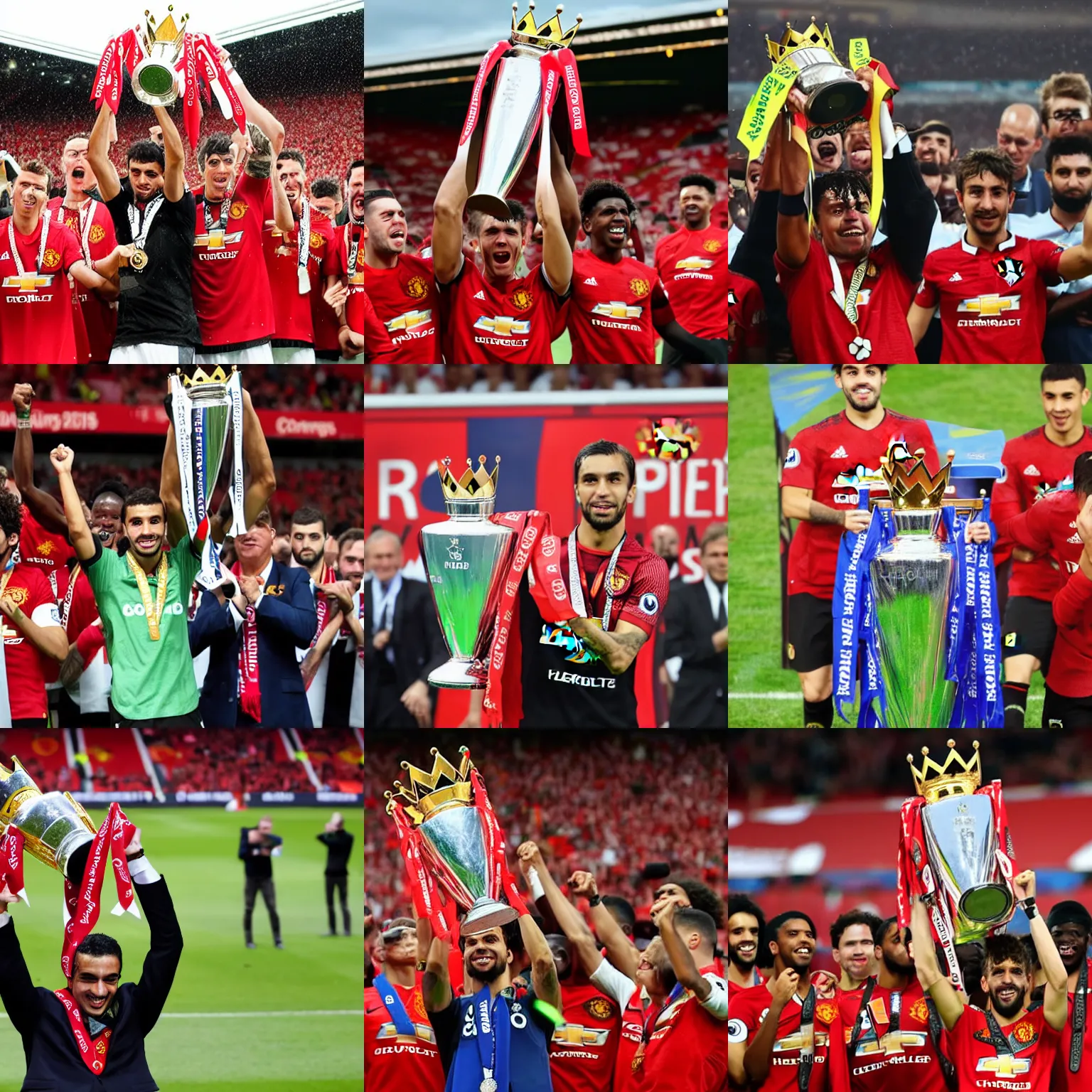 Prompt: photograph of frederico rodrigues de paula santos lifting the premier league trophy for manchester united