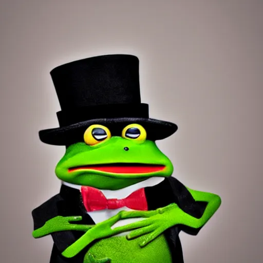 Prompt: frog wearing tuxedo and top hat, 8k