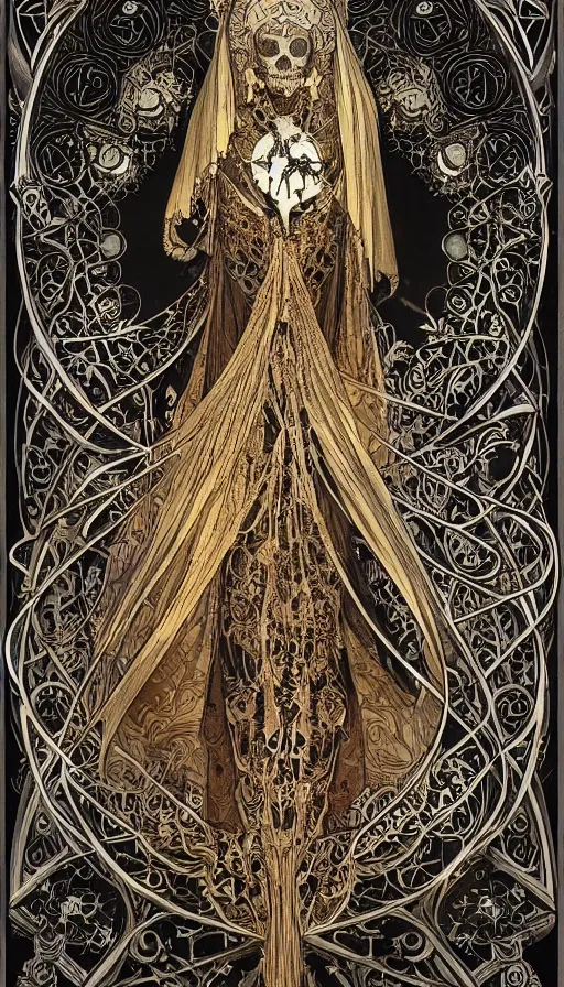 Image similar to a skeleton in a black cloak, highly detailed, very intricate, art nouveau, gold filigree, left right symmetry, tarot concept art watercolor illustration by mandy jurgens and alphonse mucha and alena aenami, featured on artstation