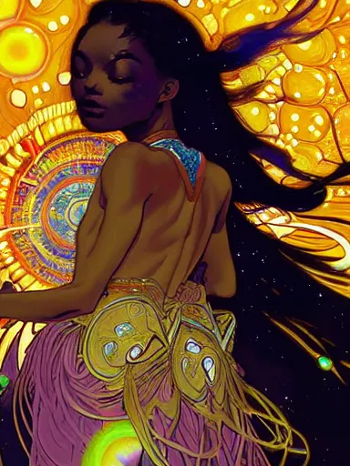 Image similar to highly detailed digital painting of a black female celestial being experiencing nirvana in space, colorful nebulas and planets in the background, highly detailed, intricate design, cinematic view, 8k resolution, artstation, by Akihiko Yoshida, Alphonse Mucha, and Krenz Cushart