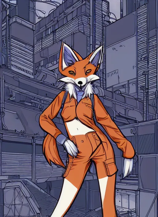 Image similar to commission of a beautiful illustration of a female anthro fox fursona wearing mechanic clothes in a industrial cyberpunk city. character design by Kinoshita Jiroh, Hyaku. Detailed, inked, manga cover