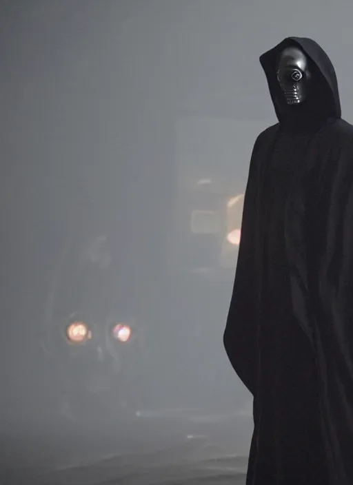 Prompt: dark figure wearing black robe with subtle trim gold accents hooded skull cyberpunk bladerunner 2049 movie still (2017)