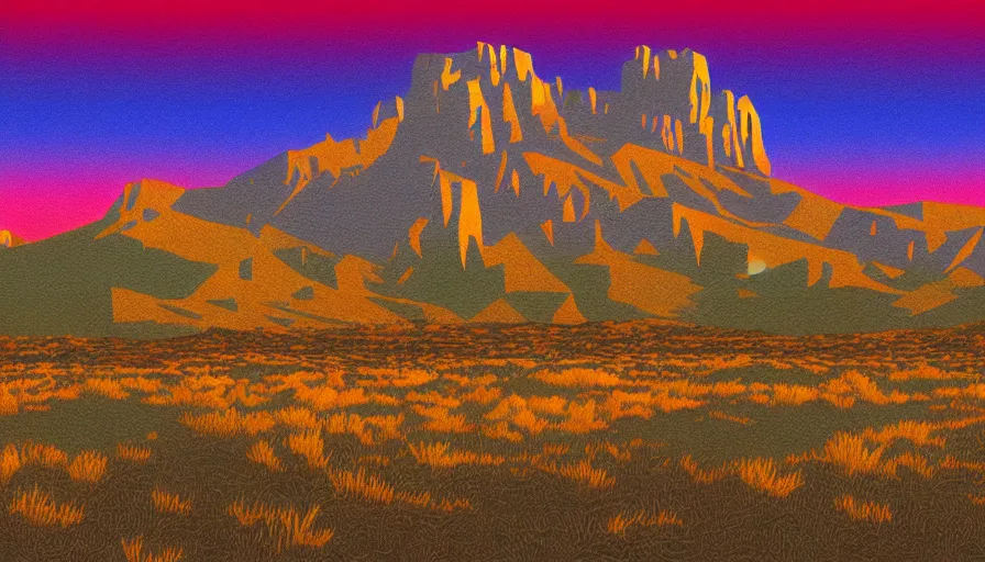 Prompt: a retrowave style artwork of guadalupe mountains national park, a land of the dead, divine, hazy, volumetric lighting, spacetime bending, very detailed, serene, gold accents, washed out colors, beautiful artwork, master level composition, raytracing