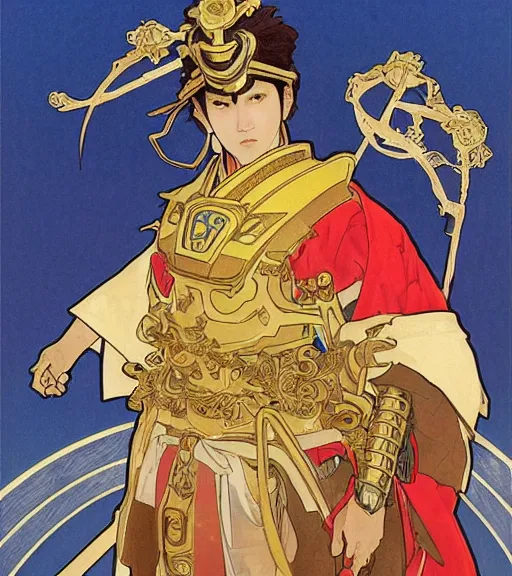 Image similar to JOJI as a celestial Japanese warrior wearing royal blue and gold armor, elegant suit, holding a mecha flaming katana, portrait art by alphonse mucha and greg rutkowski, highly detailed, digital painting, concept art, illustration, dim lighting with twilight rays of red Japanese empirical flag, trending on artstation, very detailed, smooth, sharp focus, octane render, close up