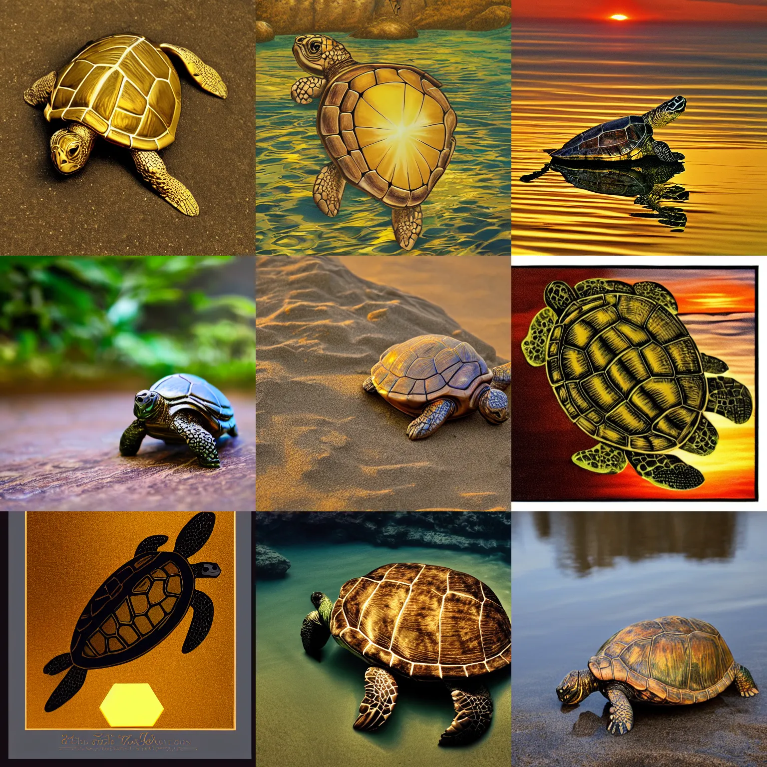 Prompt: the breathing turtle, the golden hour