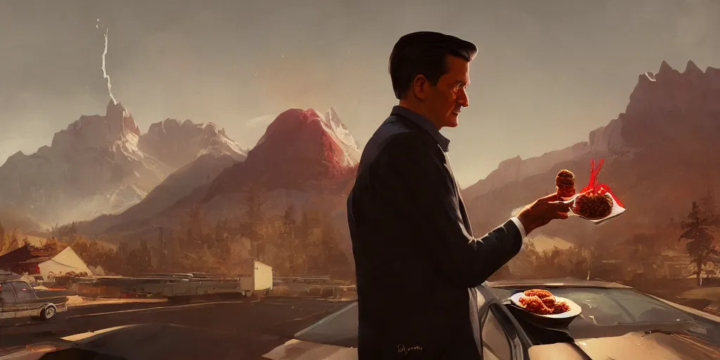 Prompt: Kyle Mclacklan as agent Dale Cooper is eating meatballs, Greg Rutkowski, Darek Zabrocki, Karlkka, Jayison Devadas, Phuoc Quan, trending on Artstation, 8K, ultra wide angle, pincushion lens effect.