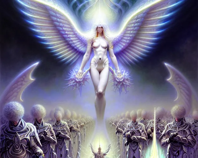 Image similar to the army of white light and angels, fantasy character portrait made of fractals facing each other, ultra realistic, wide angle, intricate details, the fifth element artifacts, highly detailed by peter mohrbacher, hajime sorayama, wayne barlowe, boris vallejo, aaron horkey, gaston bussiere, craig mullins