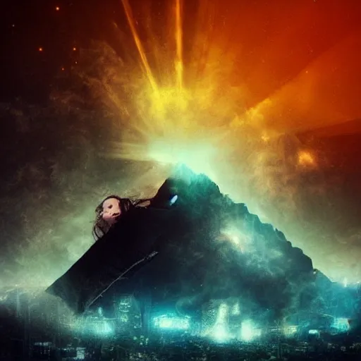 Image similar to a woman up there, sci - fi, town, on fire, giant, photoshop, creative and cool, photo manipulation, low angle