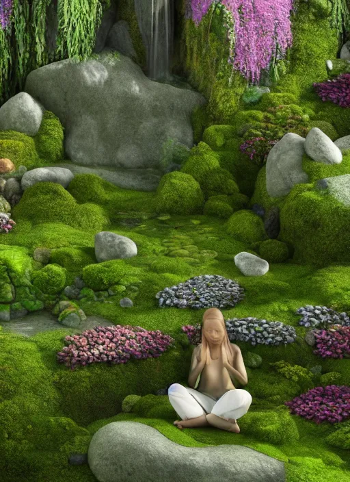 Image similar to hyper realistic render of a heavenly garden of peace, filled with trees, stone slab, flowers, moss, ferns, a girl meditating at a distance, trending on artstation, volumetric lighting, hyper realistic, hyper detailed, high quality render, blender guru