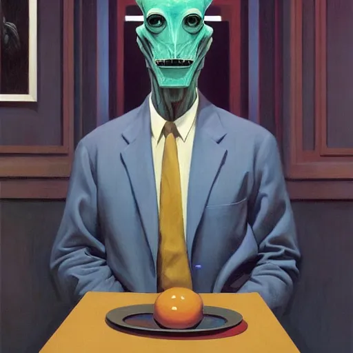 Image similar to Portrait of Dr. Nobody wearing a business suit , very coherent, painted by Edward Hopper, Wayne Barlowe, painted by James Gilleard, airbrush, art by JamesJean