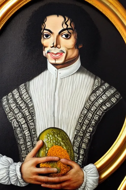 Prompt: a 1 6 0 0 s framed portrait painting of michael jackson holding a large pickle, intricate, elegant, highly detailed