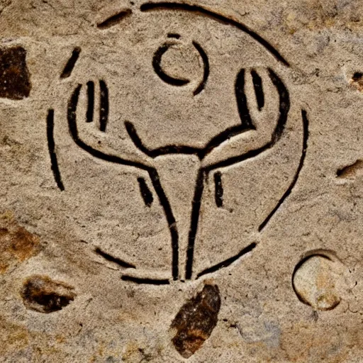 Prompt: petroglyph of a deer eating apples,