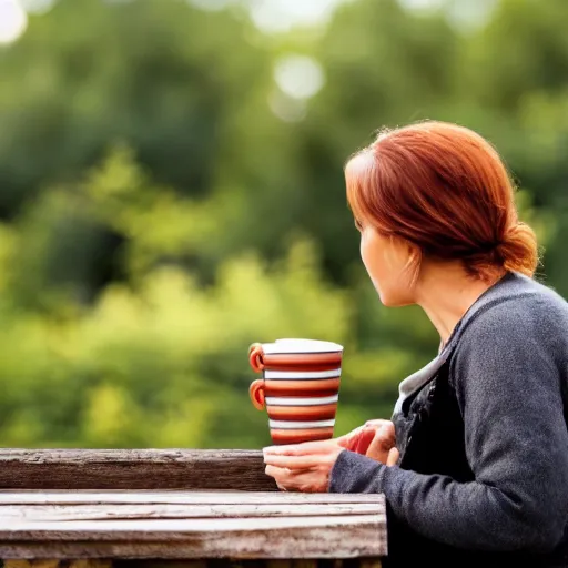 Image similar to mix between woman and bird, having a cup of coffee.