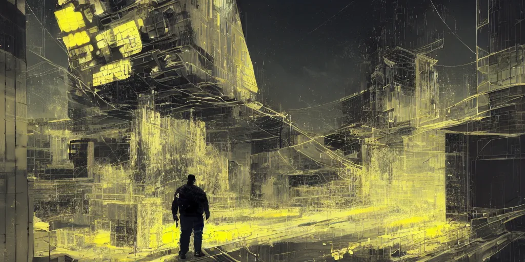 Image similar to portrait of a fat man sci fi soldier ranger, brutalist city architecture, dark epic, white and gold and yellow, emissive lights and cables and wires, high details, ceremonial clouds, dripping paint, fibonacci rhythm, artstation, art germ, wlop, pablo dominguez, sabbas apterus, award - winning, artstation