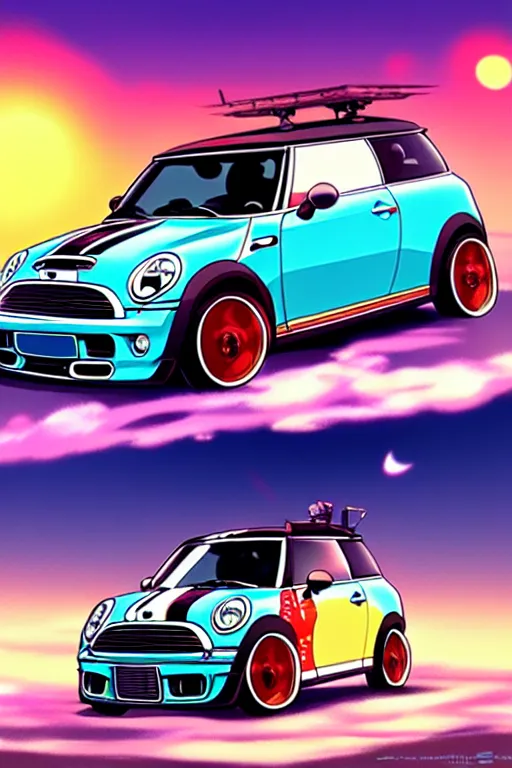 Image similar to anime art vehicle concept art, anime key visual of mini cooper s, at sunset at a beach, trending on pixiv fanbox, studio ghibli, extremely high quality artwork