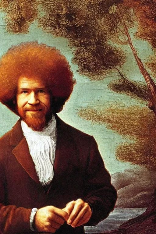 Image similar to a portrait of bob ross in the style of a leonardo davinci painting, oil painting, bob ross smiling