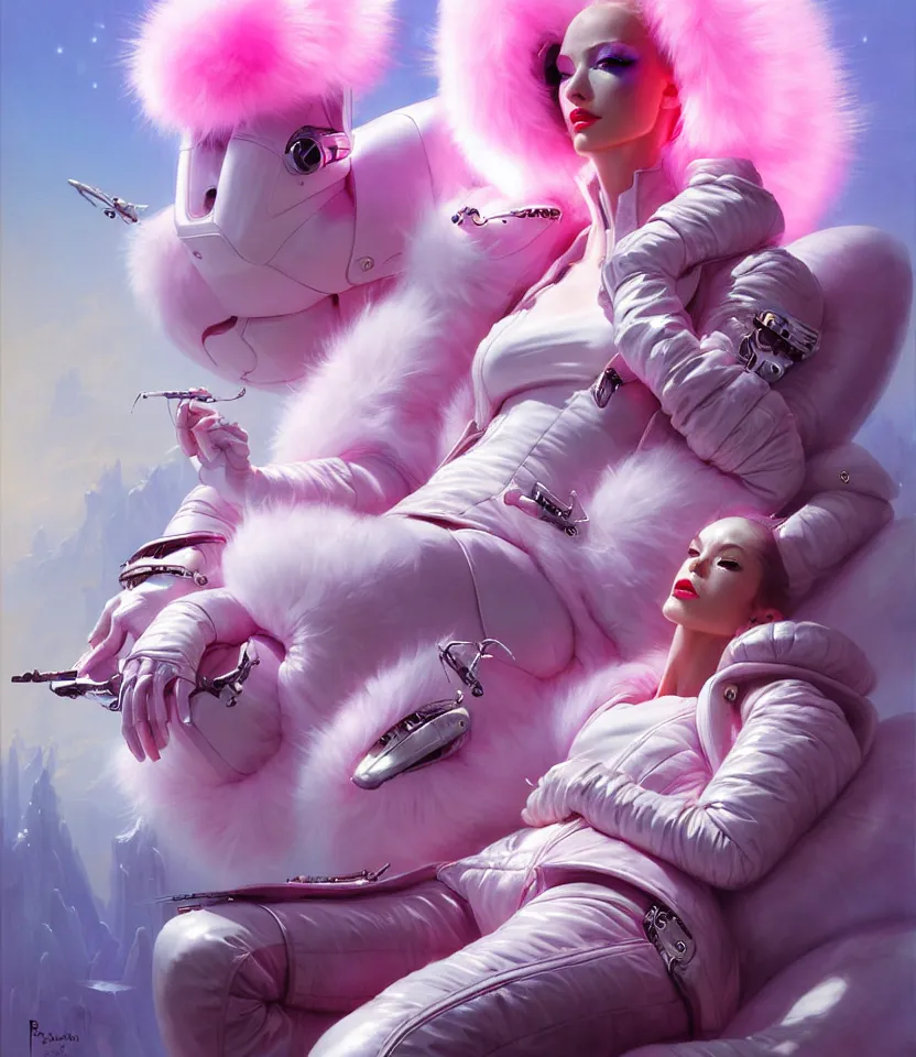 Image similar to beautiful fantasy character portrait, wearing pink puffy bomber jacket with white fur, seductive reclining pose, futuristic chrome drones, ultra realistic, dramatic lighting, robots, the fifth element artifacts, highly detailed by peter mohrbacher, hajime sorayama, wayne barlowe, boris vallejo, aaron horkey, gaston bussiere, craig mullins