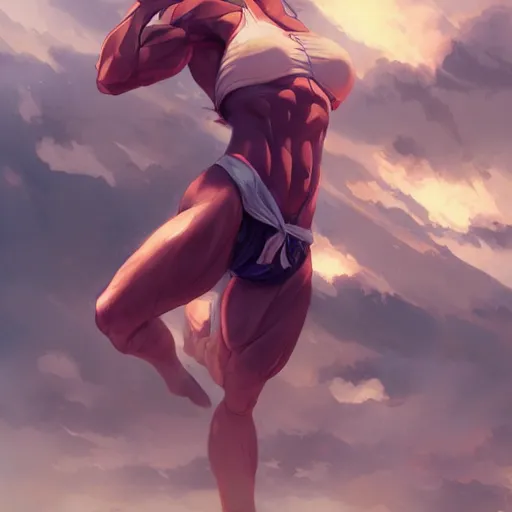 Image similar to anime girl with muscles, highly detailed, muscular, digital art, pixiv fanbox, artstation, by greg rutkowski, wlop, miyazaki hayao