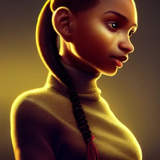 Prompt: a photorealistic hyperrealistic, bright brown eyes, light skinned african young girl, ponytail hair, flawless face, beautiful eyes, cute face, black turtle neck shirt, by wlop, artgerm, greg rutwoski, alphonse mucha, beautiful dynamic dramatic low - light moody lighting, cinematic atmosphere, artstation, concept design art, octane render, 8 k