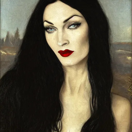 Image similar to upper body portrait megan fox as morticia addams by female adventurer by alfred stevens