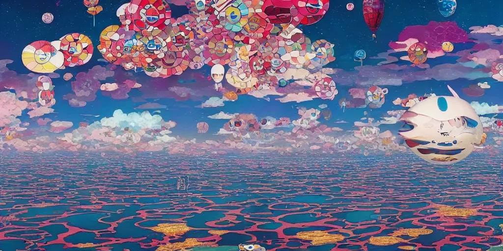 Prompt: a city floating above the sea by takashi murakami,, beeple and james jean, aya takano color style, 4 k, super detailed, night sky, digital art, digital painting, celestial, majestic, colorful