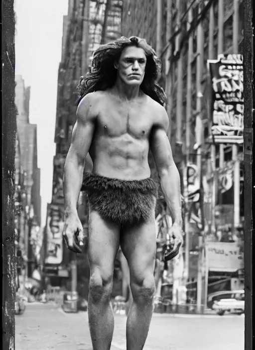 Prompt: film still, portrait of tarzan walk on the street of new york, symmetrical, 8 k, medium - format print, half body shot